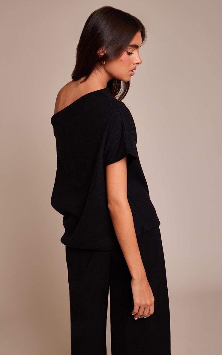 Black Heavy Brushed Rib One Shoulder Slouchy Top image 2