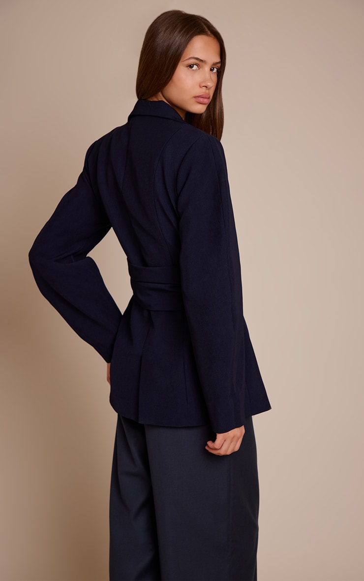 Navy Gathered Wrap Waist Belted Blazer image 2