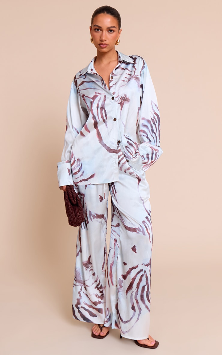 White Pirinted Oversized Satin Button Up Shirt image 3