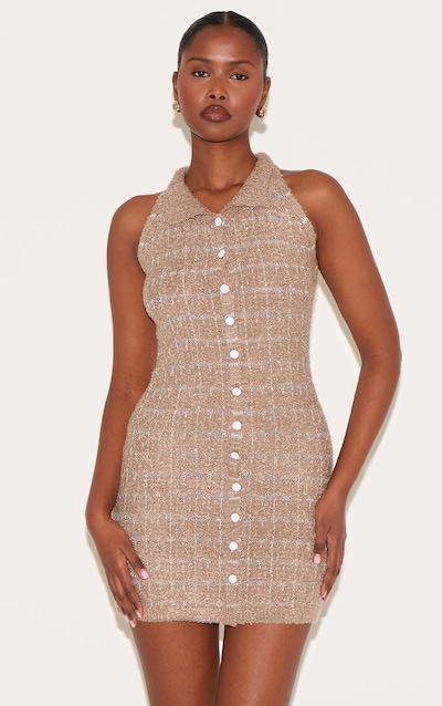 Taupe Boucle Knit Button Through Collar Detal Mini Dress