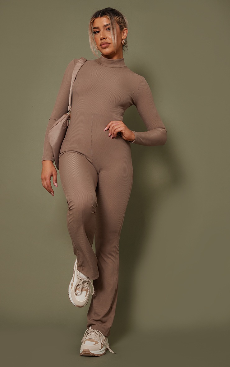 Mocha Brown Ribbed High Neck Flared Jumpsuit image 3