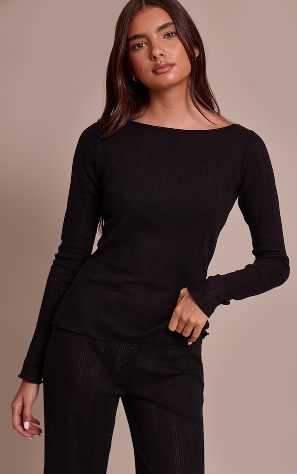 Black Pointelle Boatneck Long Sleeve Top