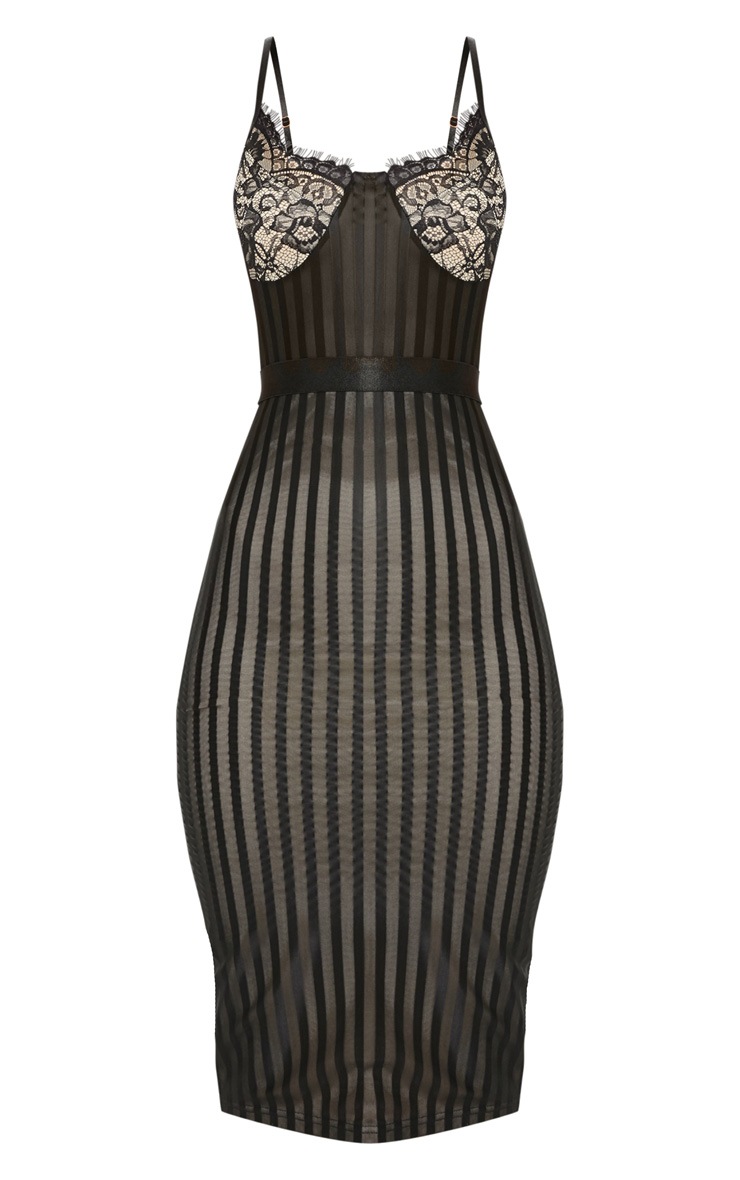 Black Lace Detail Striped Mesh Midi Dress image 3