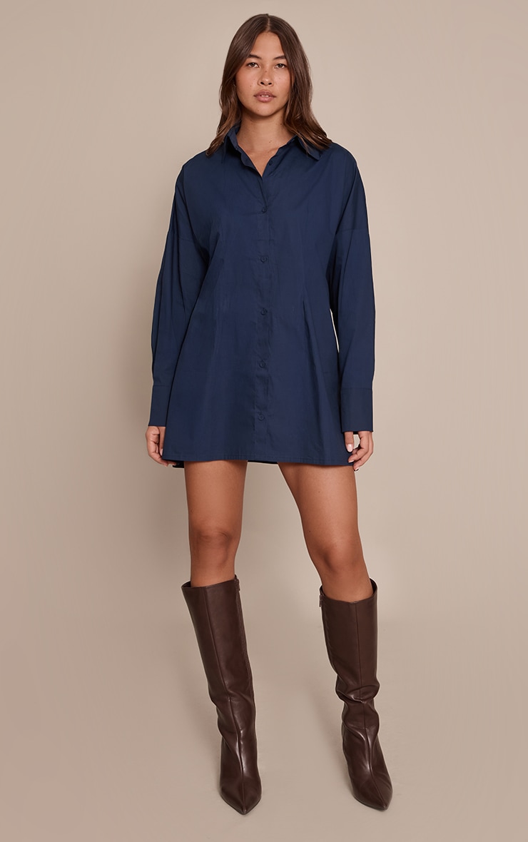 Navy Tie Back Detail Long Sleeve Shirt Dress image 3