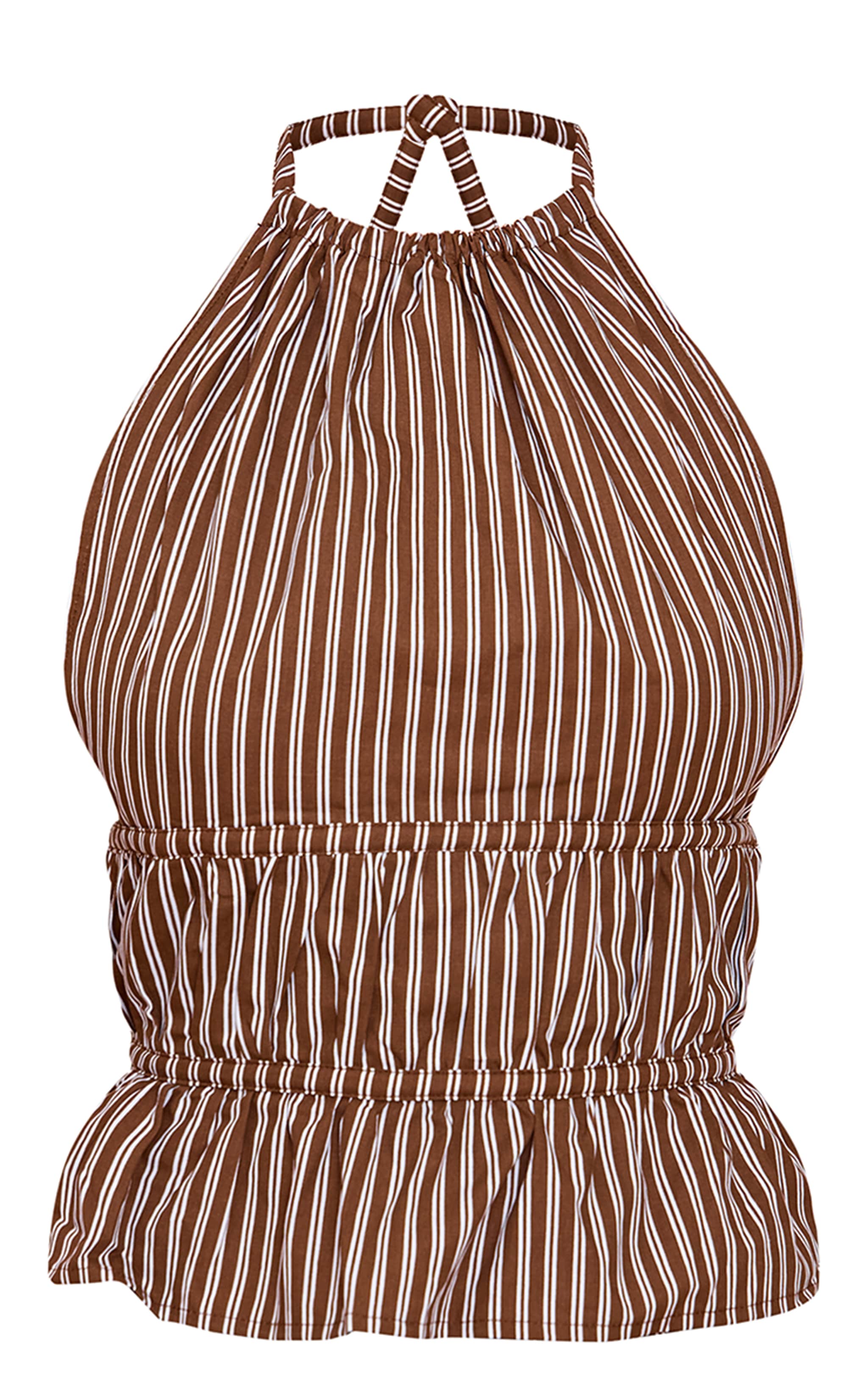 Brown Stripe Woven Ruched Backless Halterneck Long Top image 5