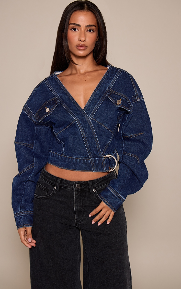 Petite Mid Blue Wrap Waist Cocoon Sleeve Denim Jacket image 1