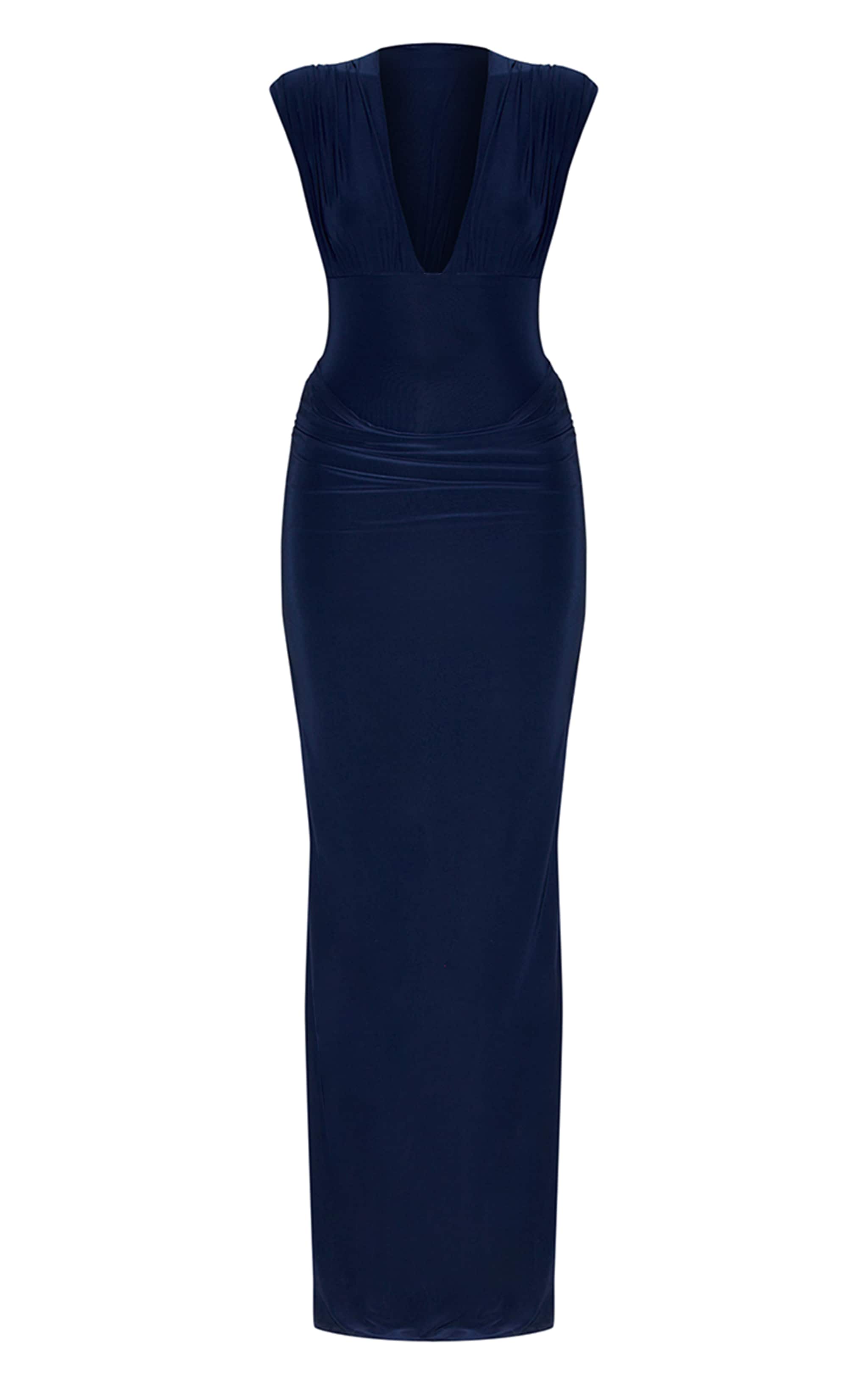 Navy Double Layer Plunge Ruched Shoulder Drape Waist Maxi Dress image 5