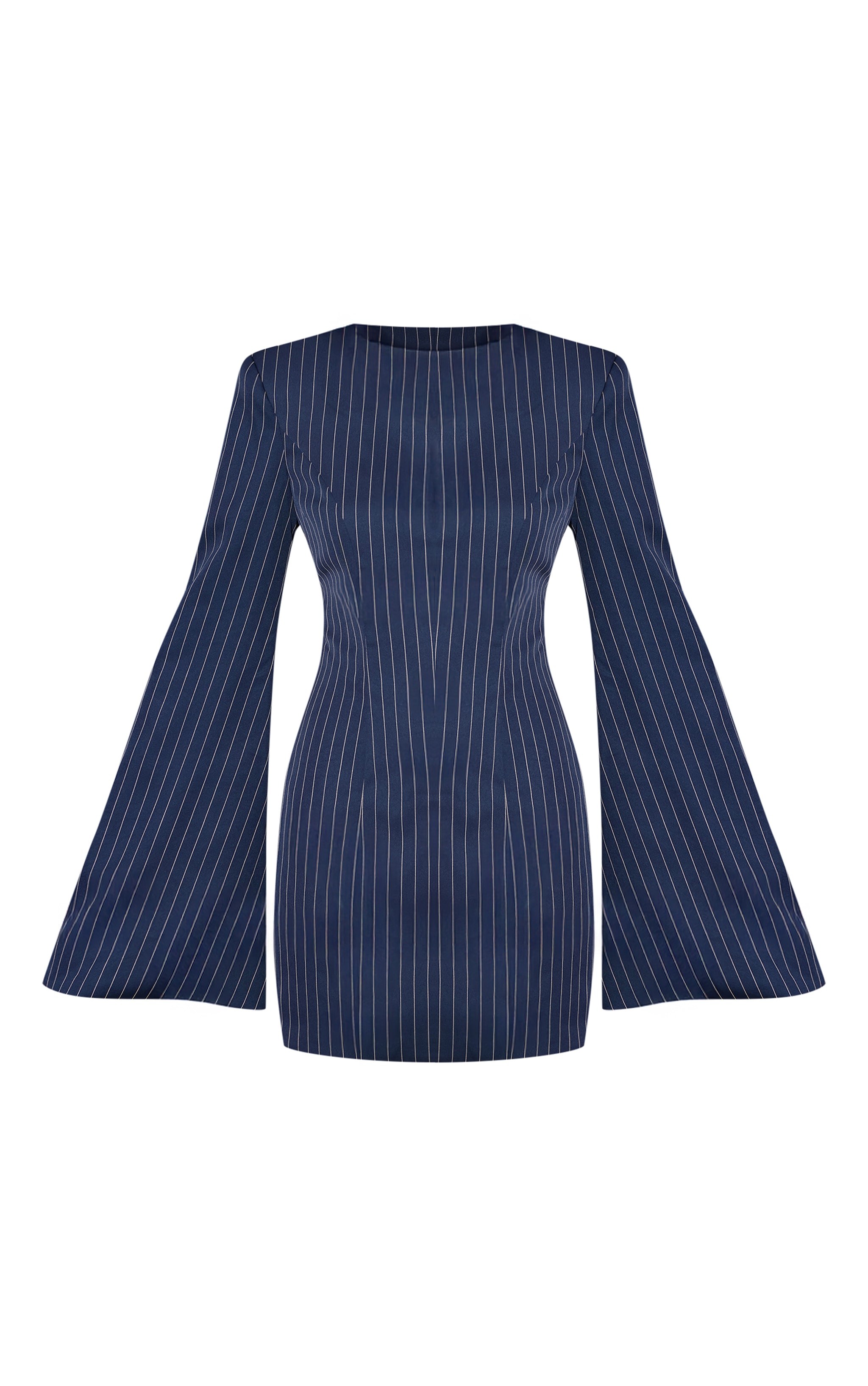 Navy Pinstripe Boat Neck Structured Long Sleeve Mini Dress image 5