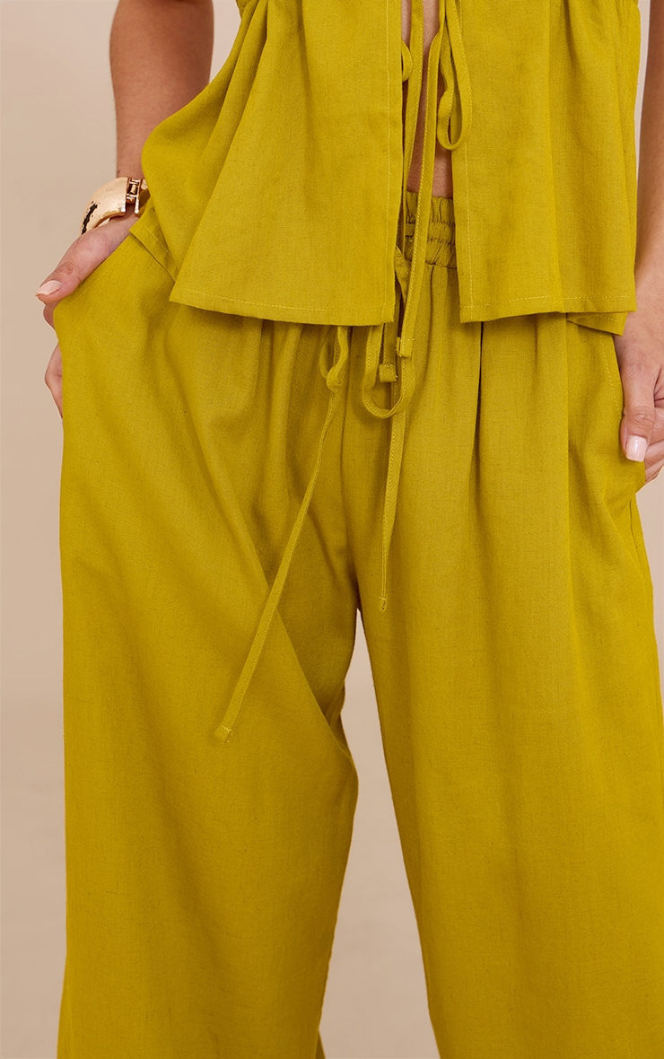Deep Mustard Linen Look Drawstring Wide Leg Pants image 4