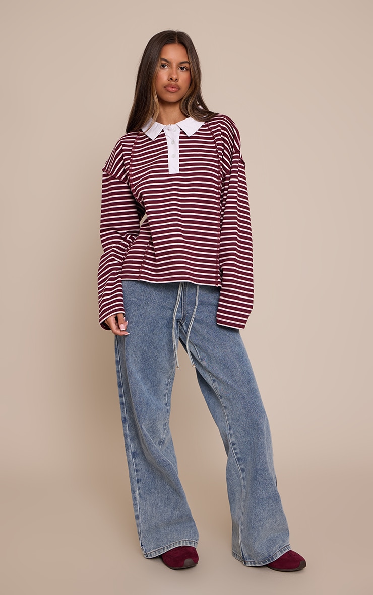 Petite Burgundy Stripe Seam Detail Rugby Top image 3