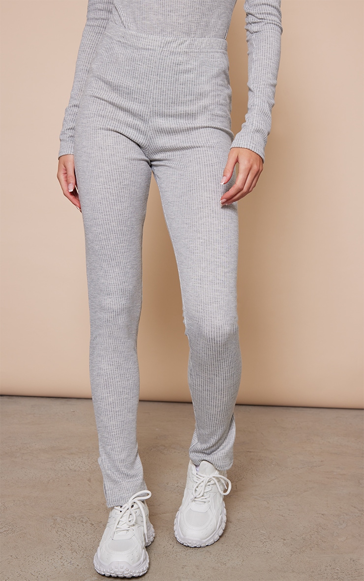 Light Grey Wide Two Tone Rib Split Hem Leggings image 2