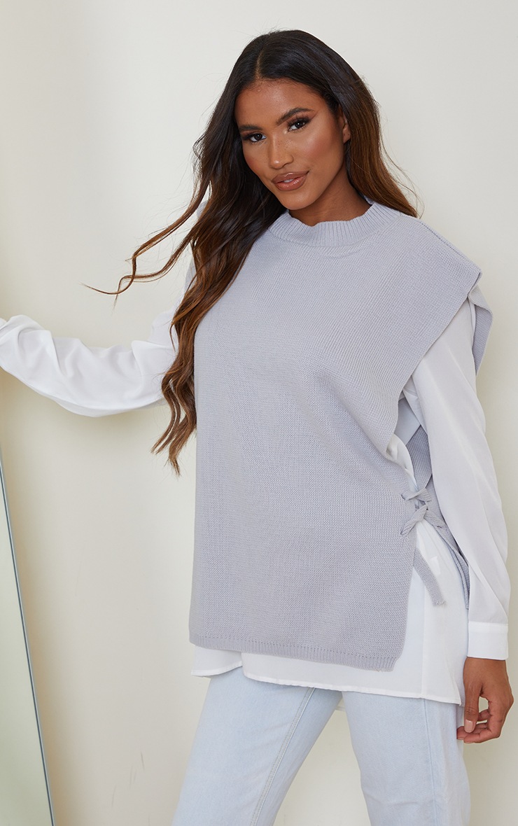 Grey Tie Side Crew Neck Knitted Vest