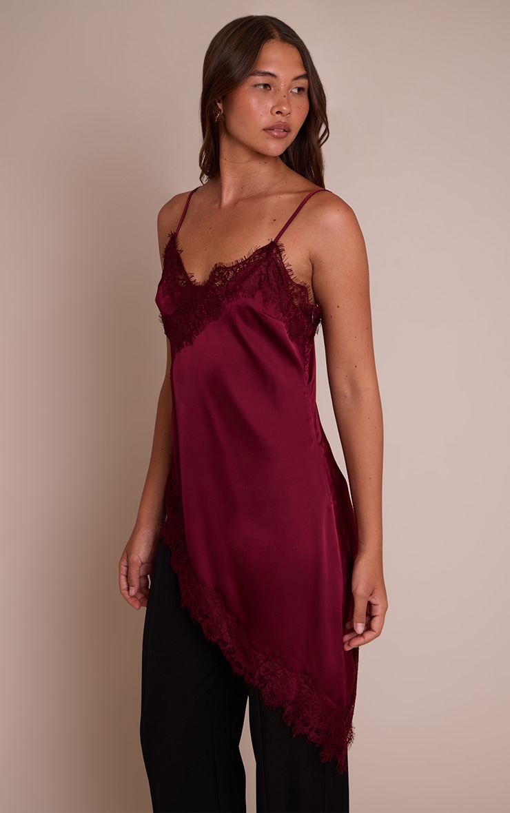 Plum Satin Lace Detail Asymmetric Long Top image 4