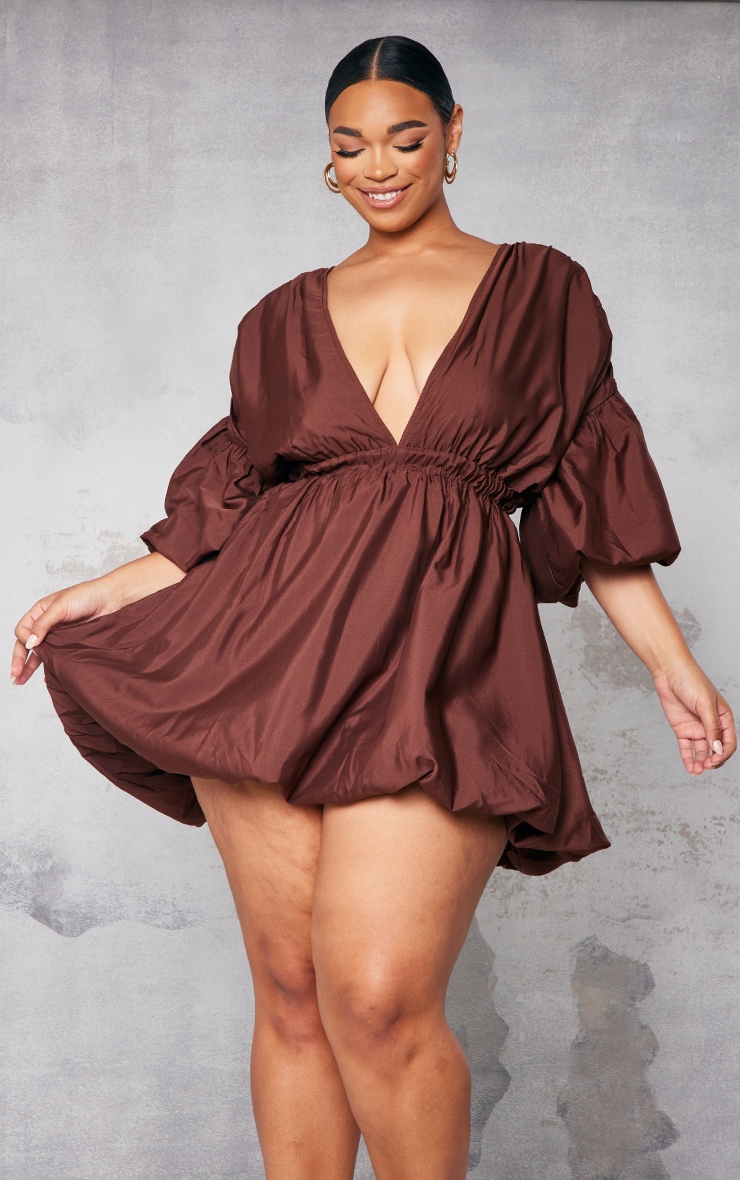 Plus Chocolate Puff Sleeve Puffball Hem Dress image 3