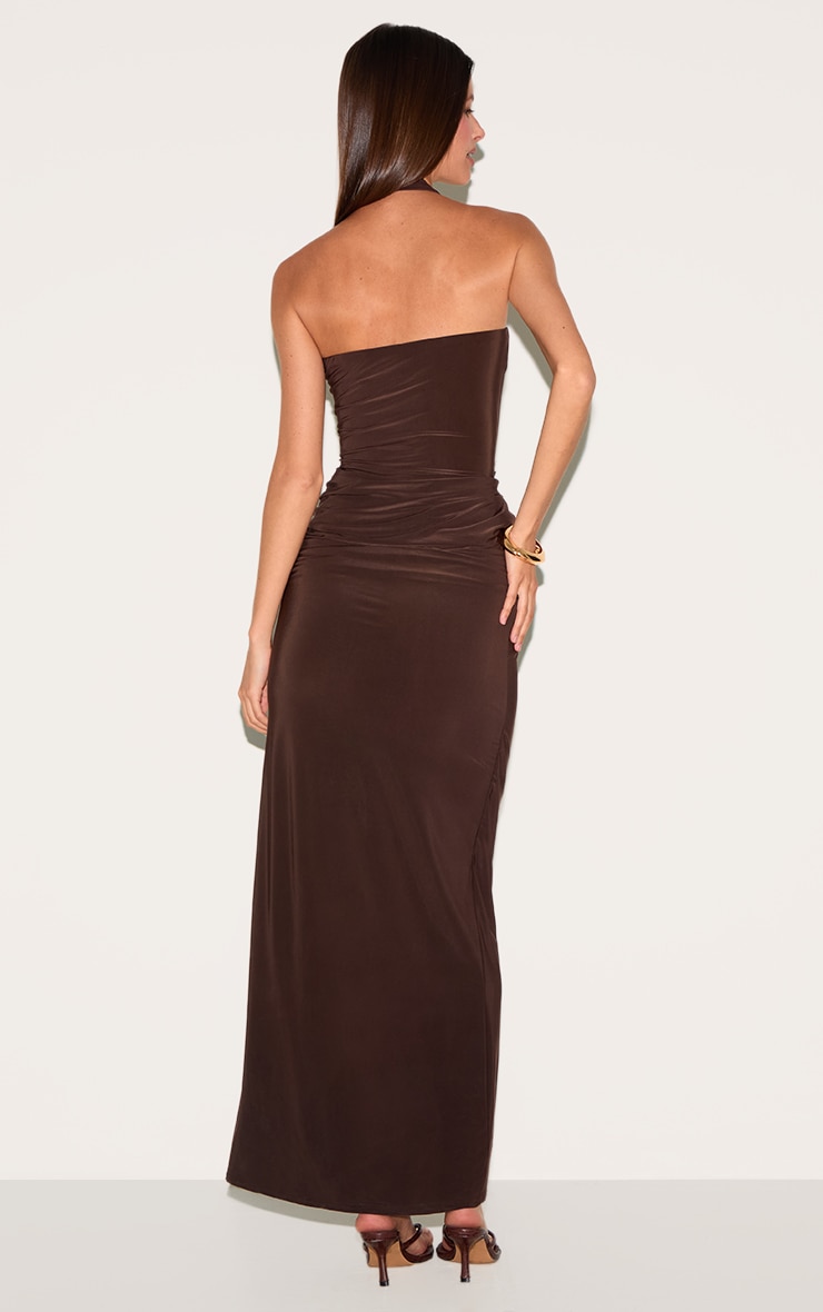 Chocolate Double Layer Slinky Square Halterneck Drape Detail Maxi Dress image 2