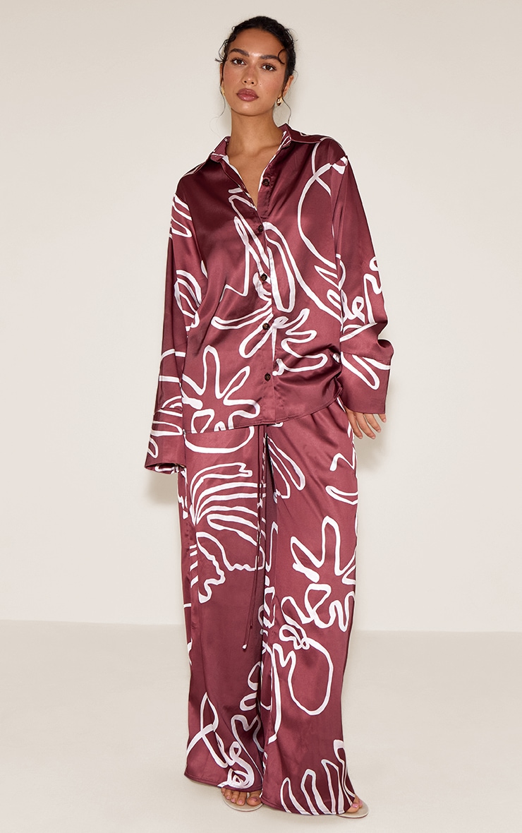 Brown Printed Oversized Satin Button Up Shirt image 3