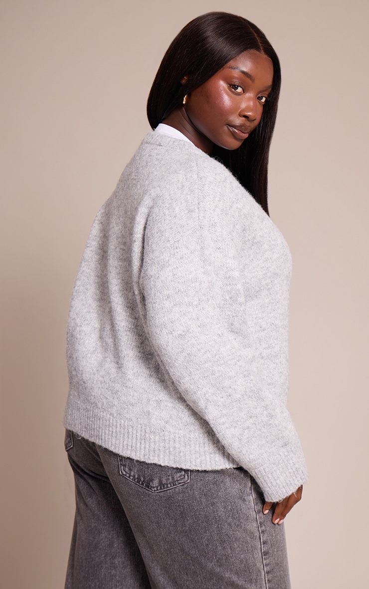 Plus Light Grey Brushed Oversized Detail Round Neck Cardigan image 2