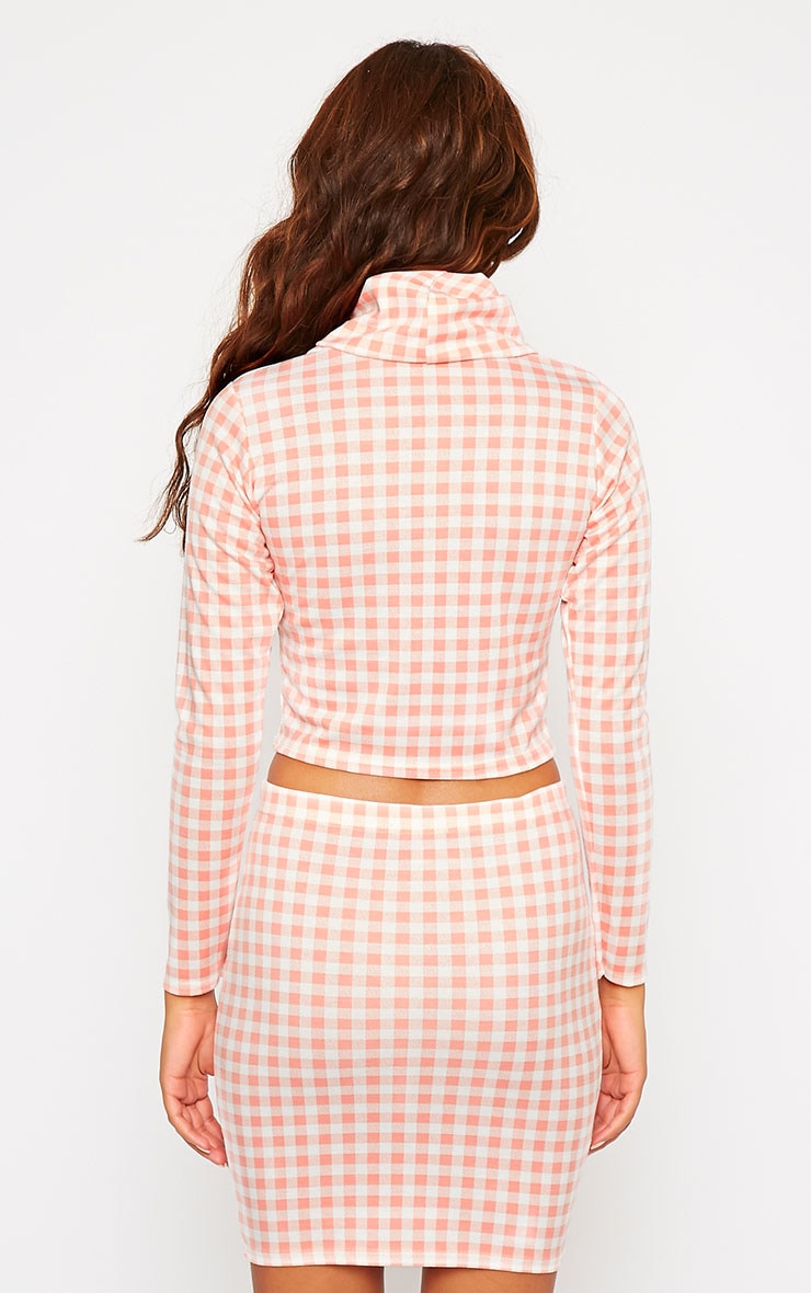 Belle Pink Gingham Roll Neck Crop Top | PrettyLittleThing