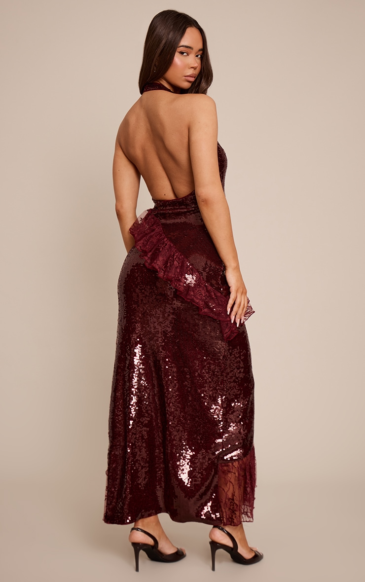 Burgundy V Neck Frill Maxi Dress image 2