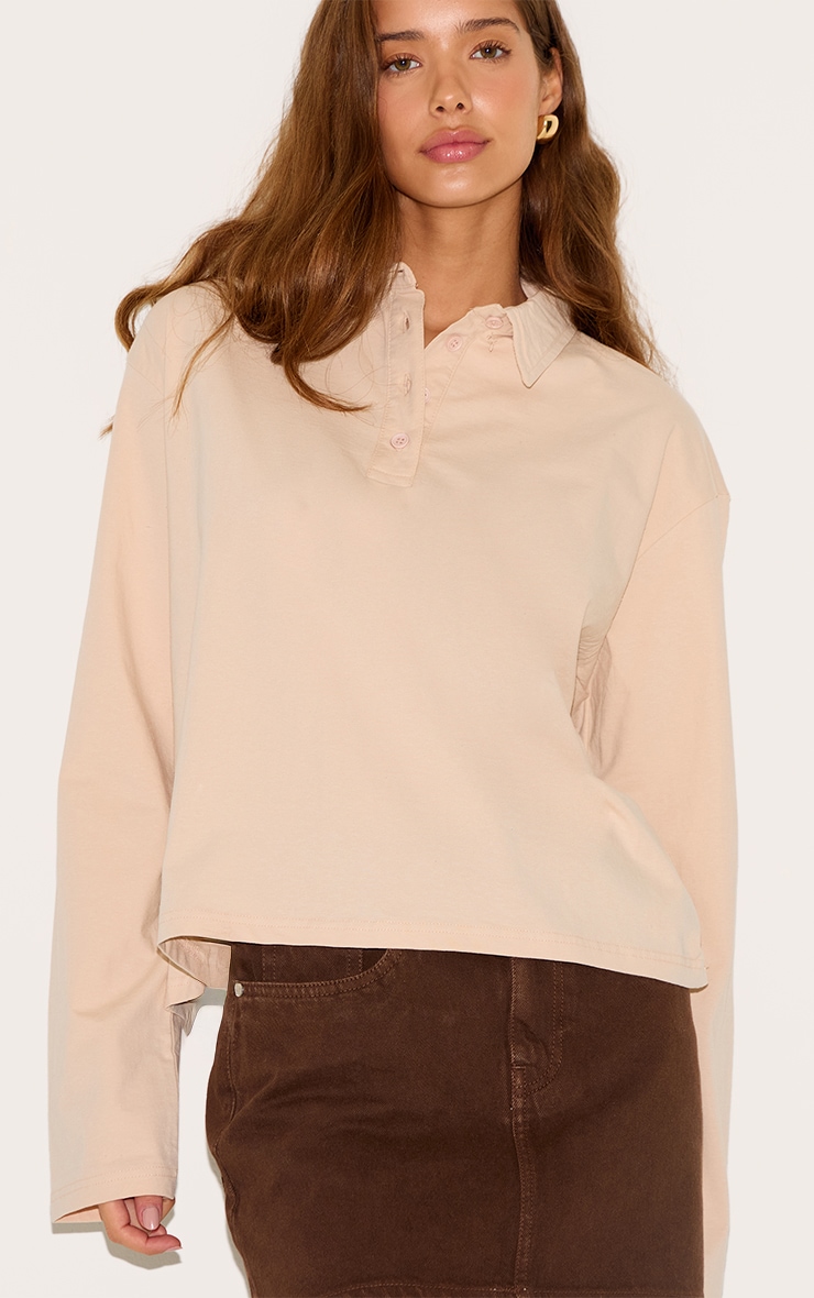 Cream Cotton Collar Detail Long Sleeve Top image 4