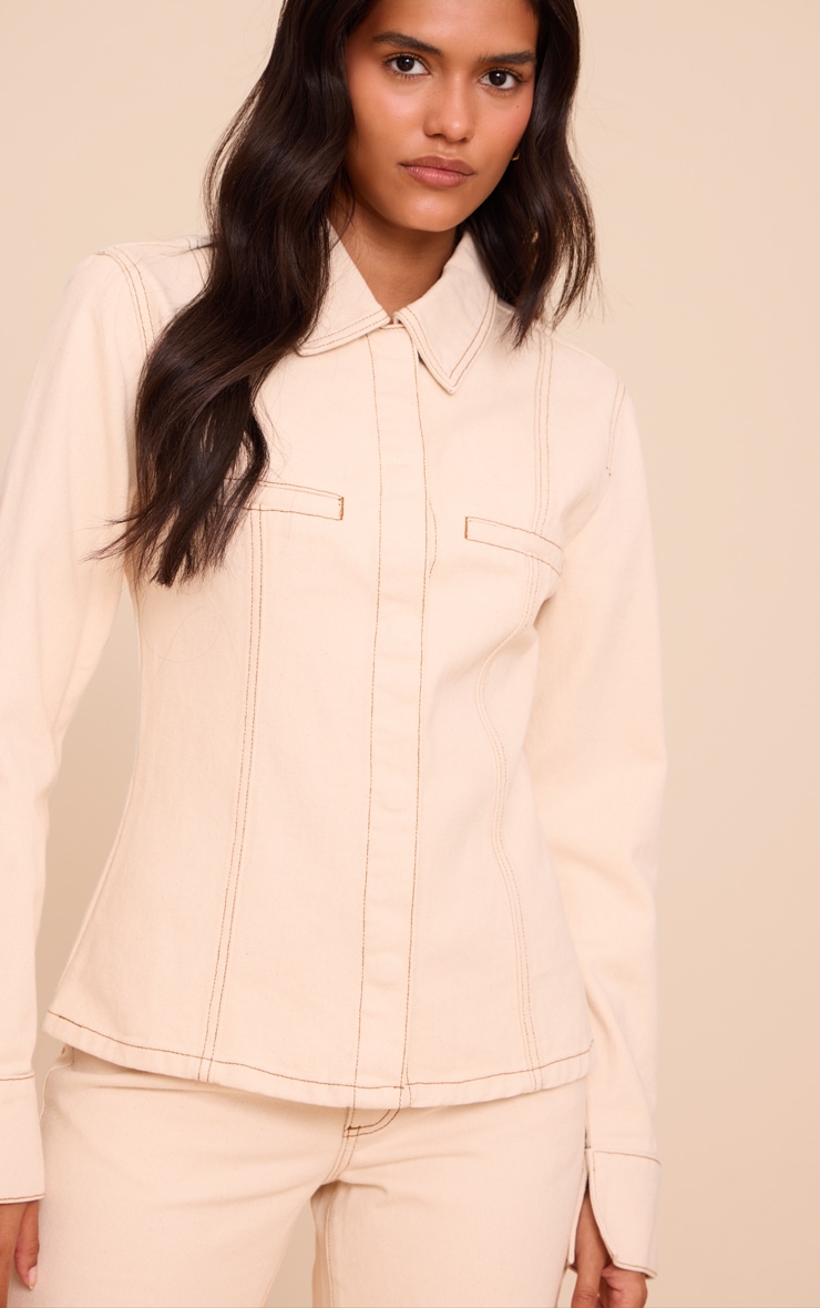 Ecru Linen Look Denim Cinched Waist Seam Detail Shirt image 4