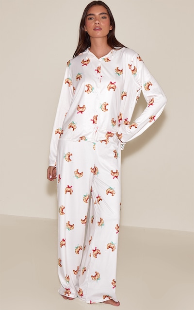 Cream Bow Croissant Long Sleeve Button Through PJ Set