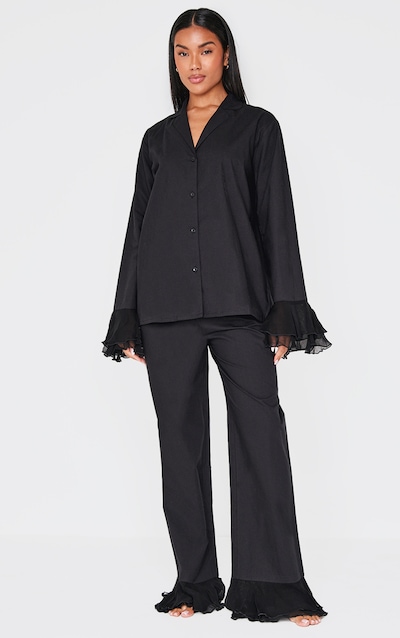 Ensemble de pyjama long en coton noir à ourlets volantés
