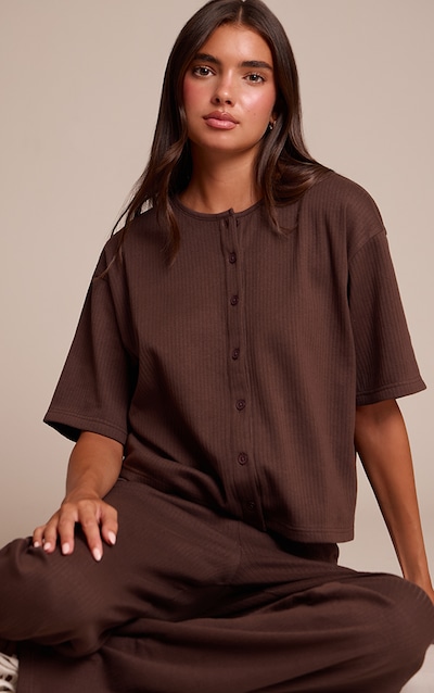 Chocolate Brown Rib Button Up Top