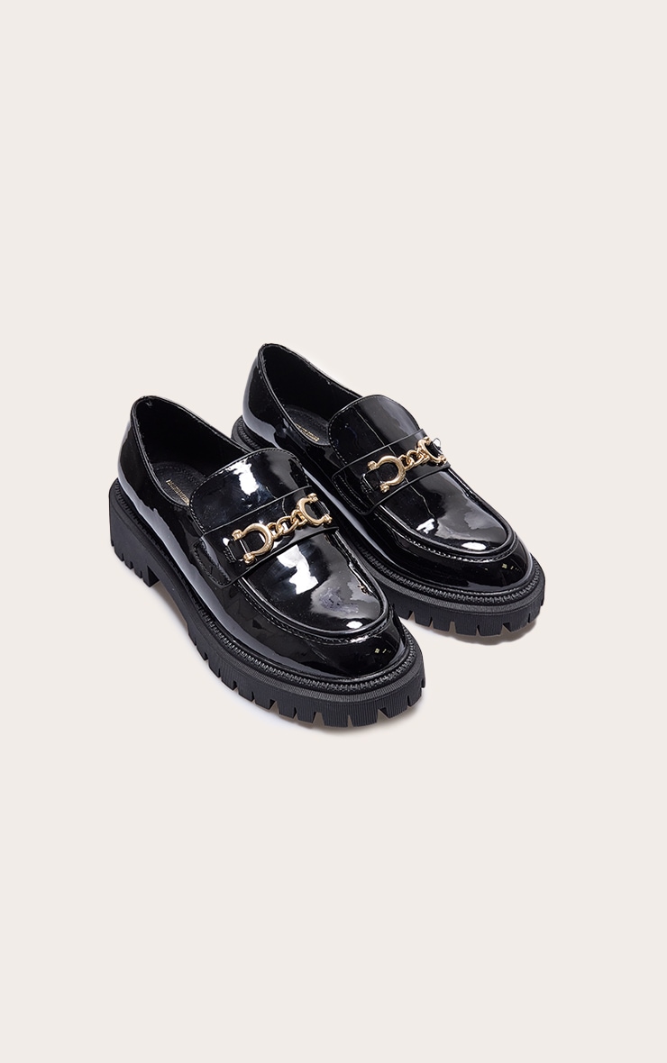 Black PU Round Toe Chunky Sole Chain Loafers image 2