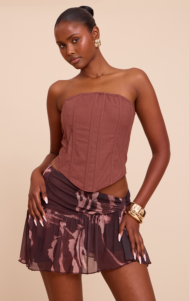 Brown Printed Mesh Ruffle Mini Skirt image 1