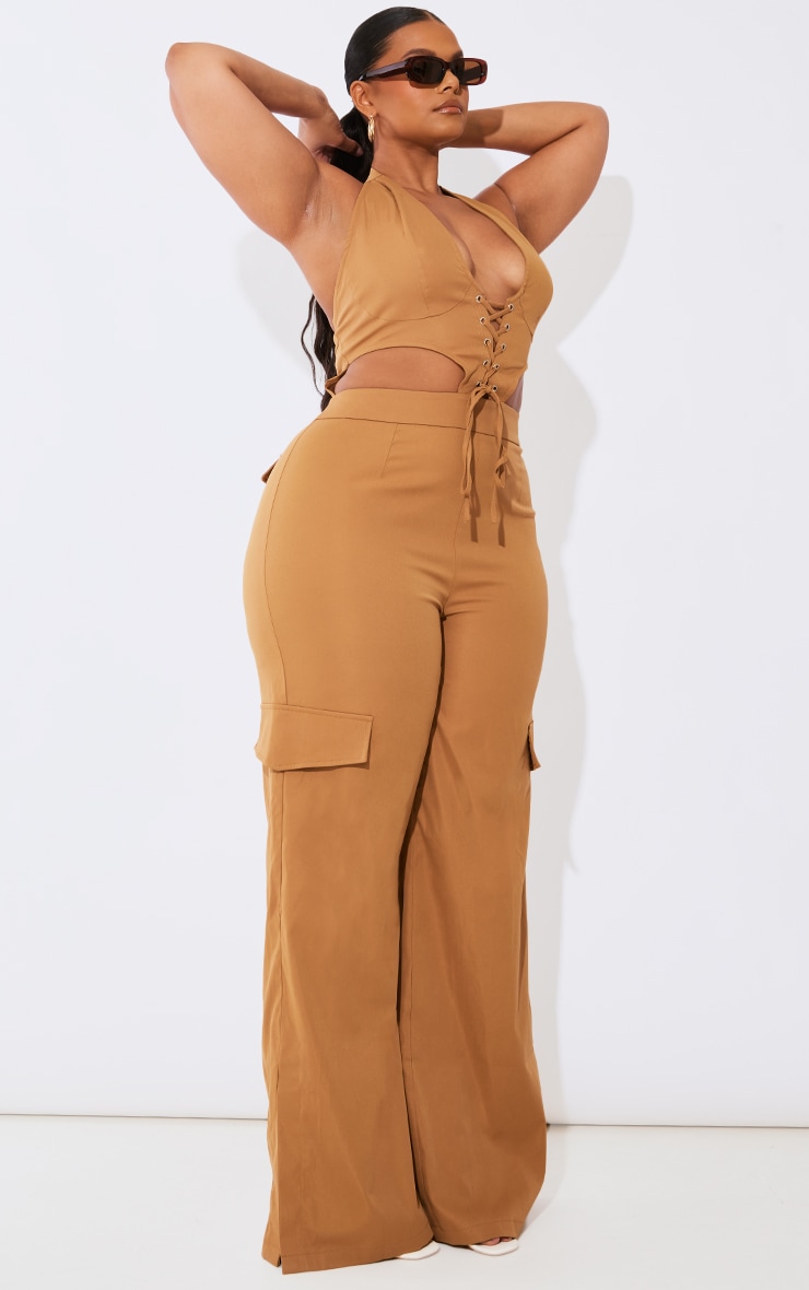 Plus Camel Halterneck Cargo Split Hem Jumpsuit
