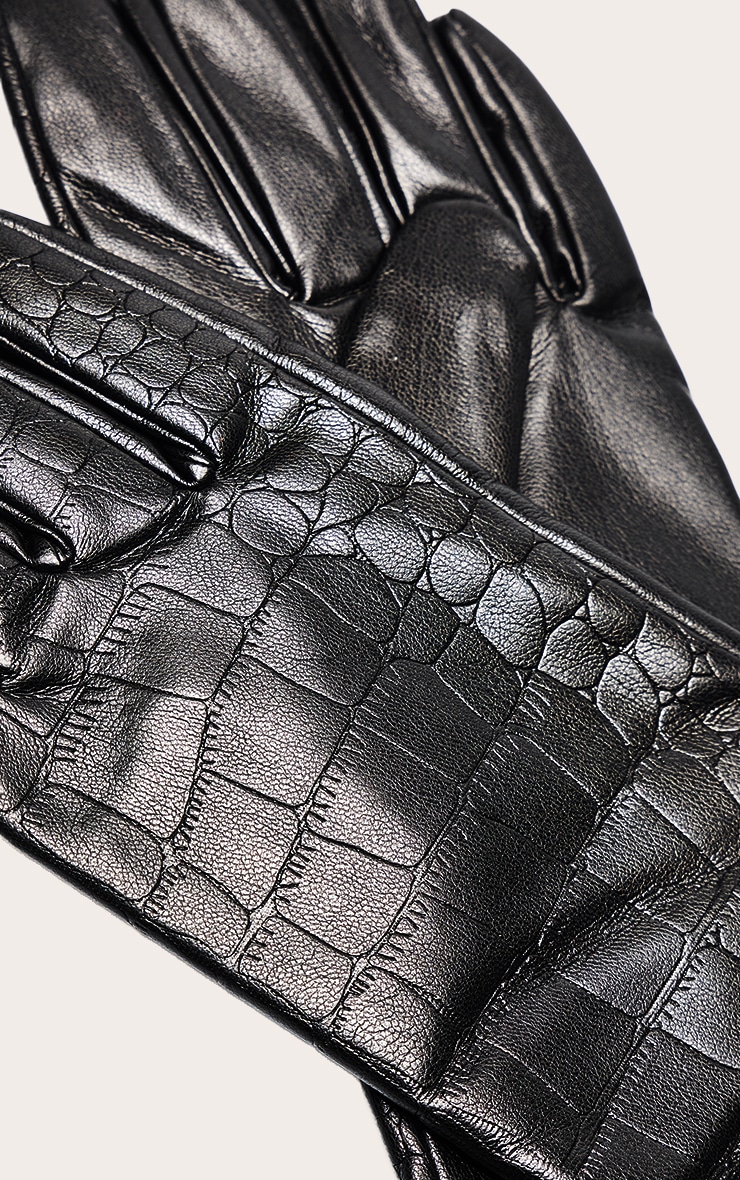 Black Croc Faux Leather Long Gloves image 3