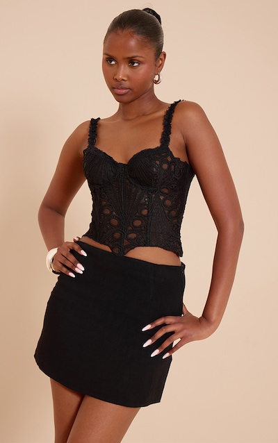 Corset en dentelle texturée noire transparente fleurie à bretelles fines