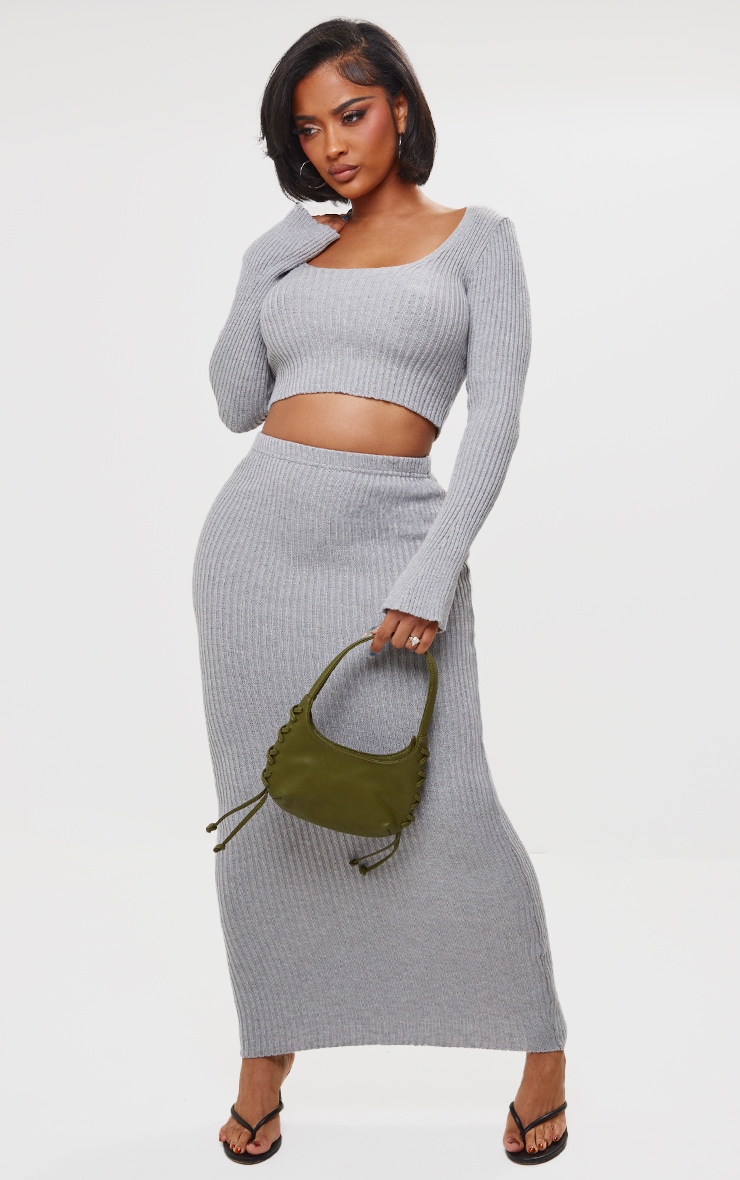 Shape Crop top en maille tricot côtelé gris à manches longues et col rond image 3