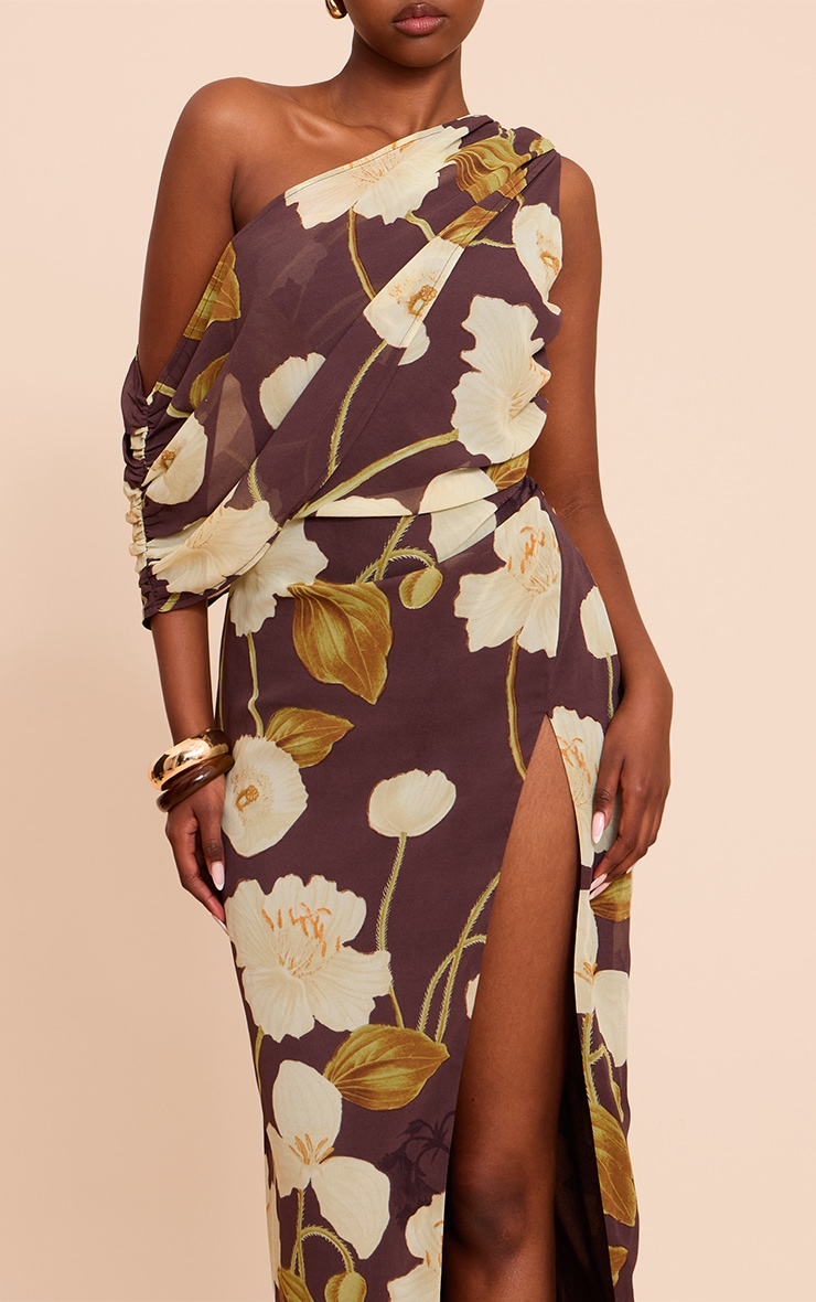 Chocolate Printed Chiffon Drape Detail Maxi Dress image 4