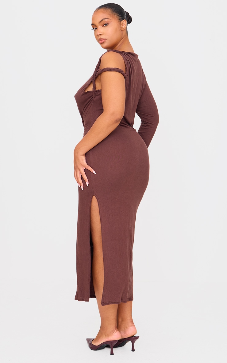 Plus Chocolate Asymmetric Twist Shoulder Soft Touch Midi Dress image 2