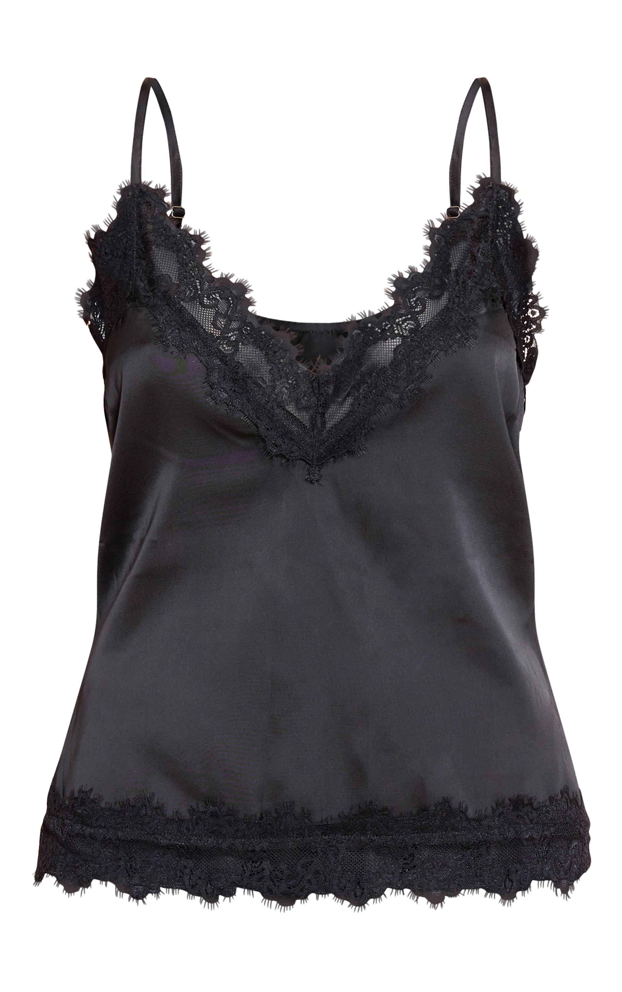 Black Satin V Neck Trim Detail Cami Top image 5