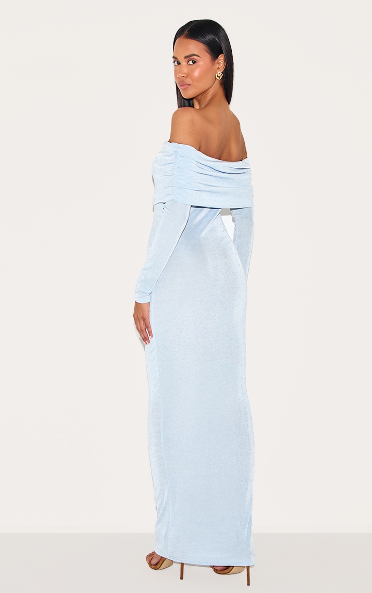 Light Blue Acetate Slinky Bardot Long Sleeve Maxi Dress image 2