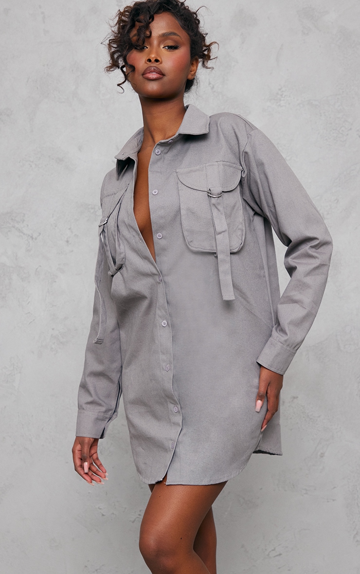 Charcoal Cargo Pocket Buckle Detail Shirt Dress image 1