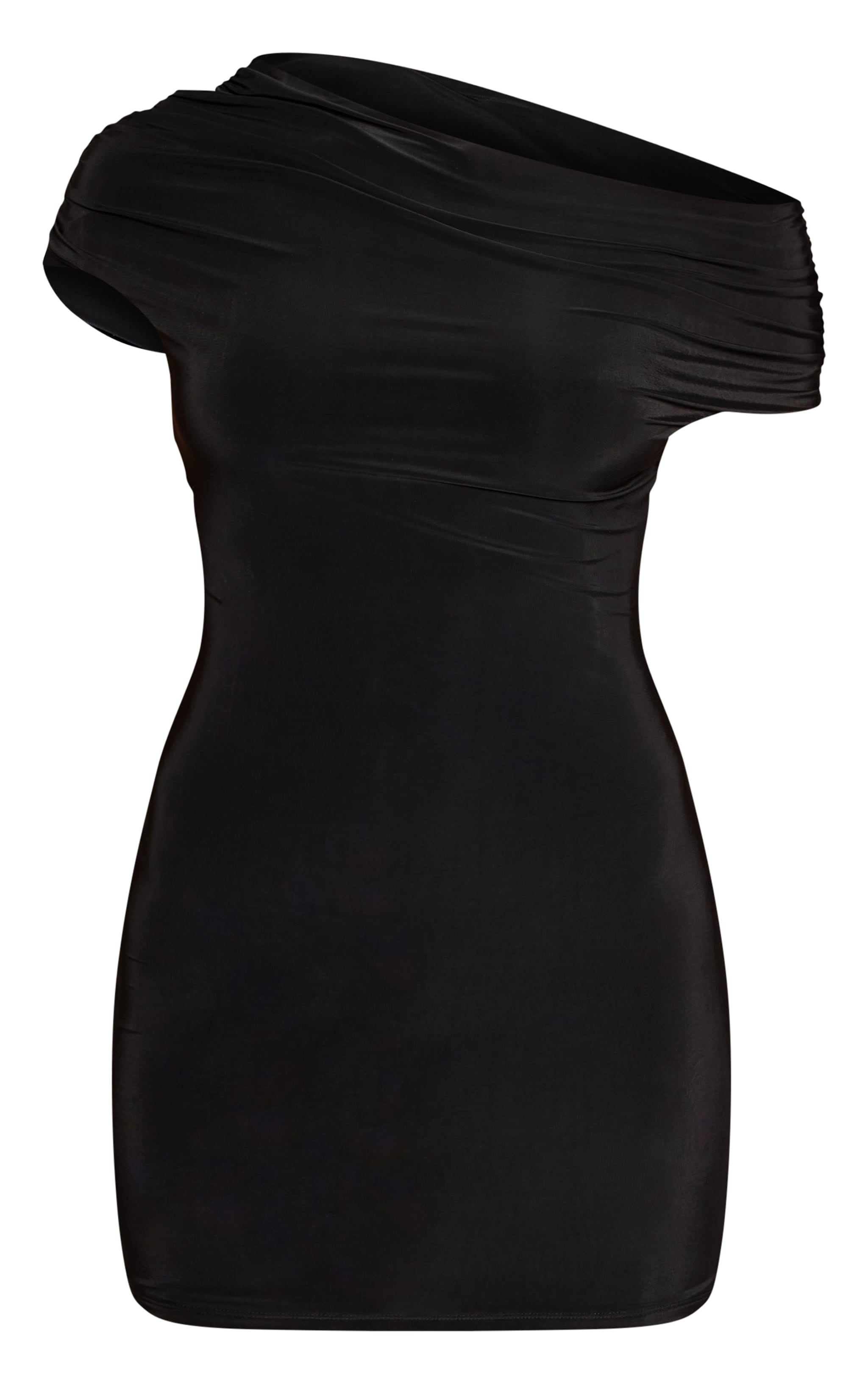 Black Double Layer Slinky Asymmetric Ruched Shoulder Mini Dress image 5