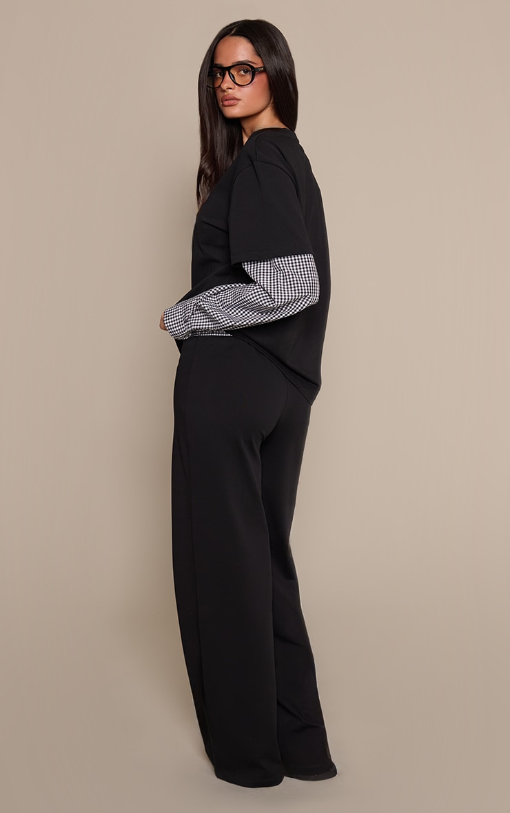 Black Cotton Checked Waistband Detail Jersey Wide Leg Trouser image 3