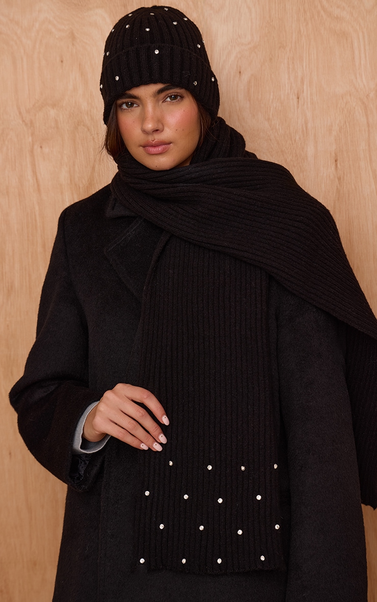 Black Ribbed Diamante Hat and Scarf Gift Set image 2