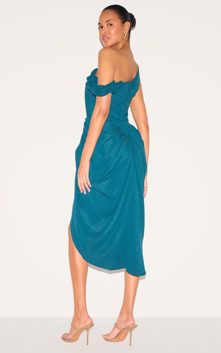 Emerald Green Chiffon Asymmetric Strap Draped Midi Dress image 2