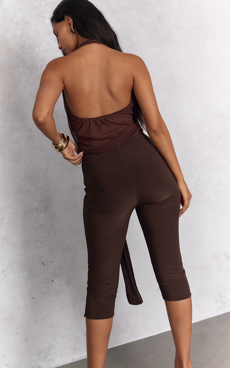 Pantalon capri moulant chocolat à partie superposée nouée image 3