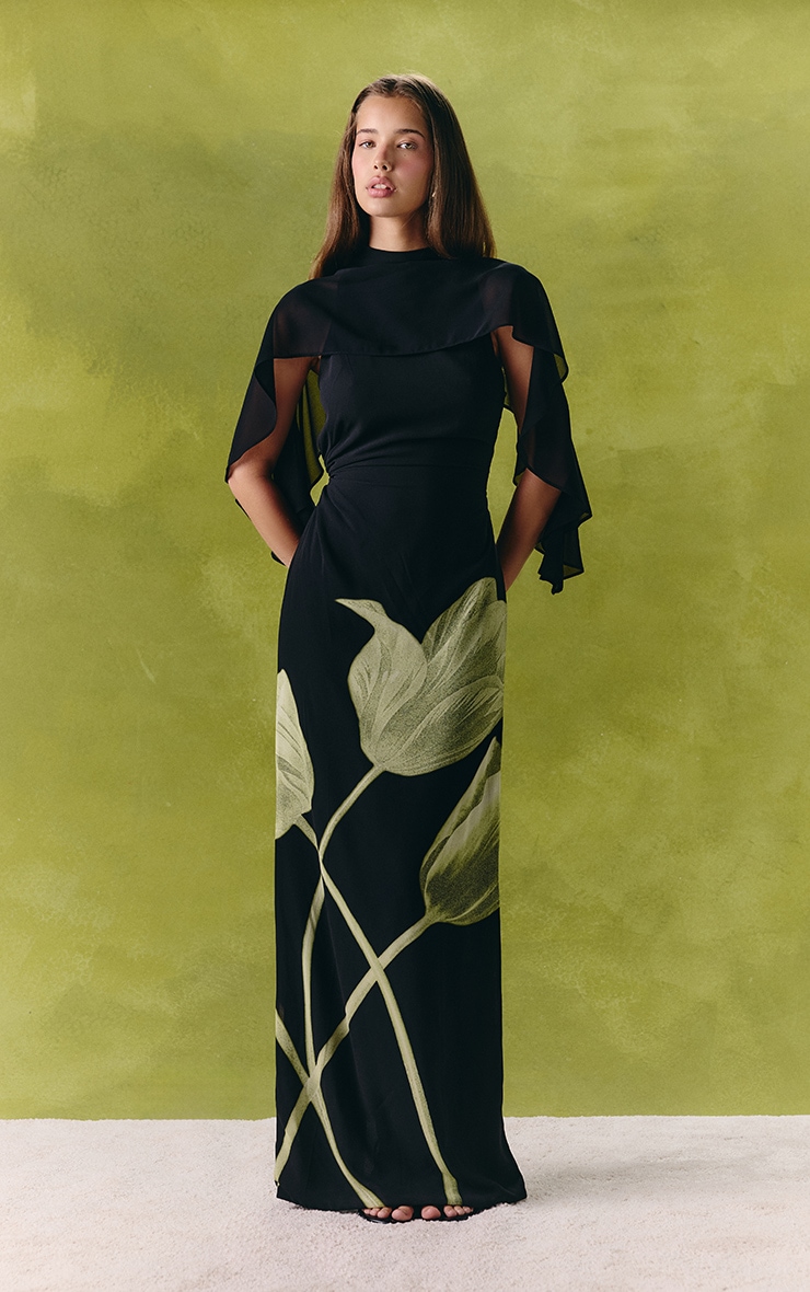 Black Floral Printed Chiffon Cape Overlay Maxi Dress