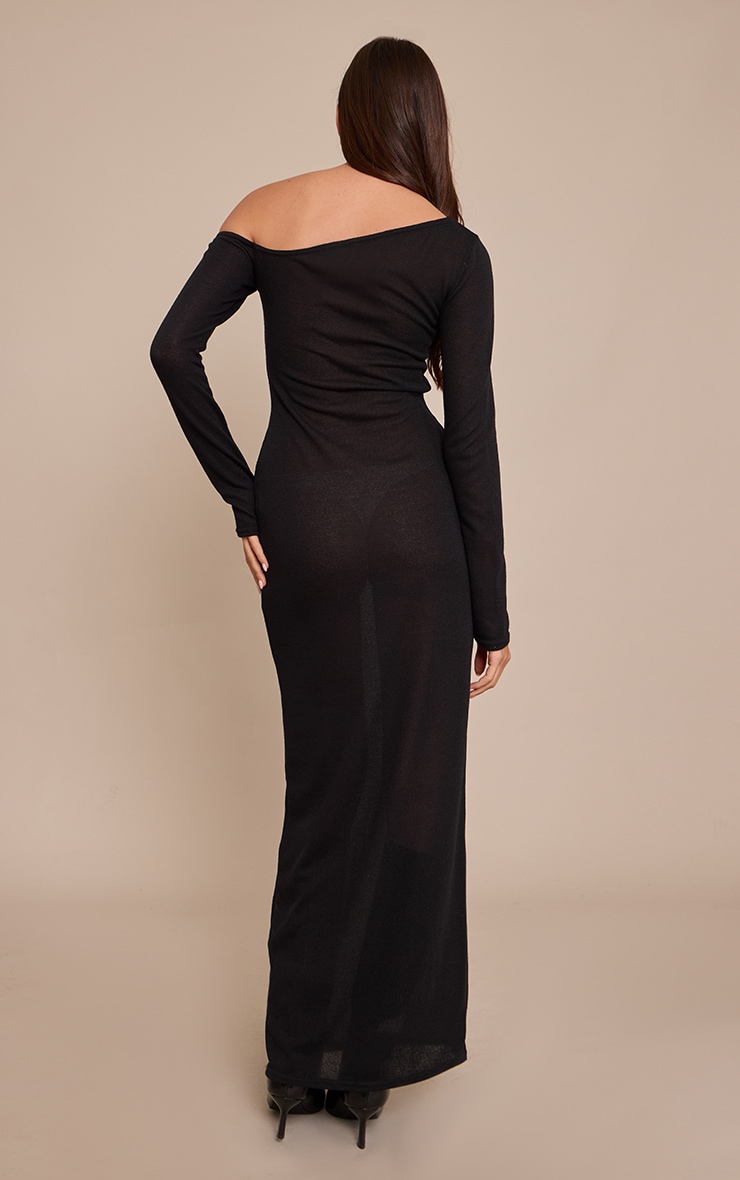 Black Textured Jersey Asymmetric Long Sleeve Maxi Dress image 2