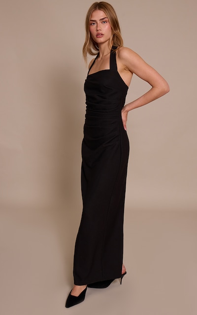 Black Halterneck Ruched Detail Maxi Dress