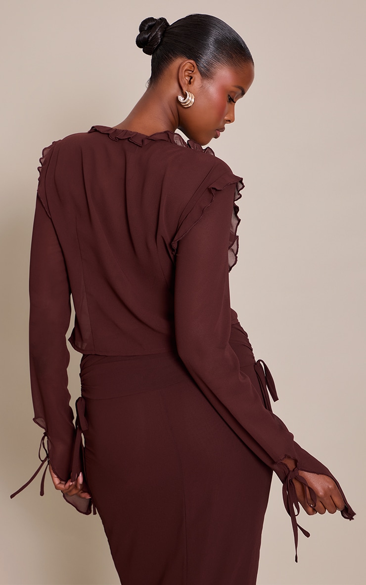 Dark Brown Chiffon Ruffle Tie Front Blouse image 2