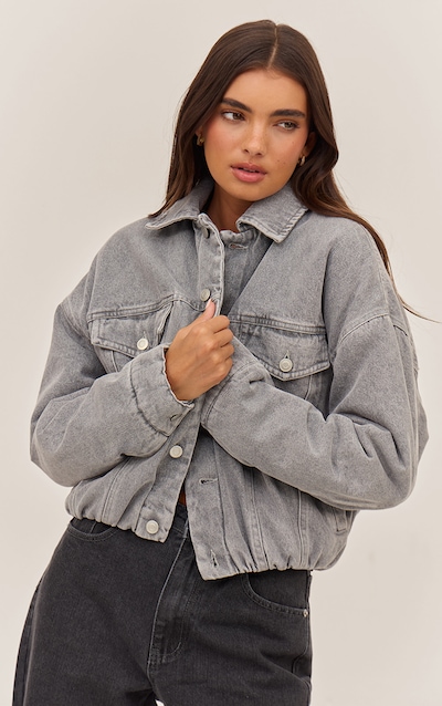 Grey Balloon Hem Quilted Cropped Denim Jacket