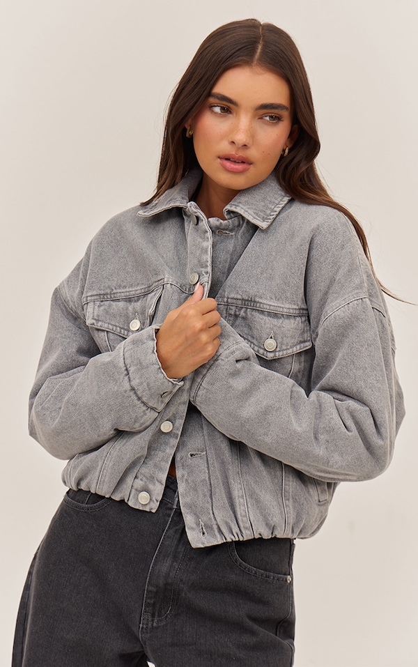 Veste courte matelassée en jean gris à ourlet ballon